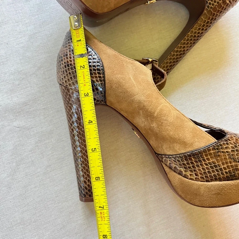 Tory Burch 8.5M Tan Suede Brown Snakeskin T-Strap Peep Toe Platform Heels Pumps